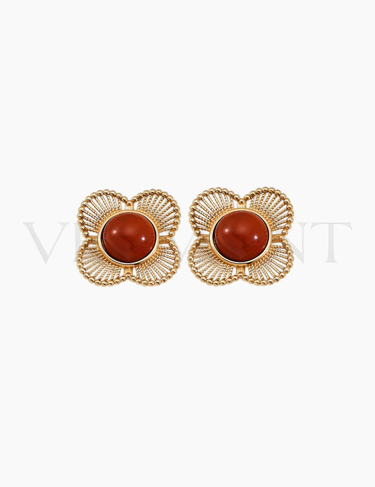 Boucles d’Oreilles Fleur d’Agate Rouge Dorée