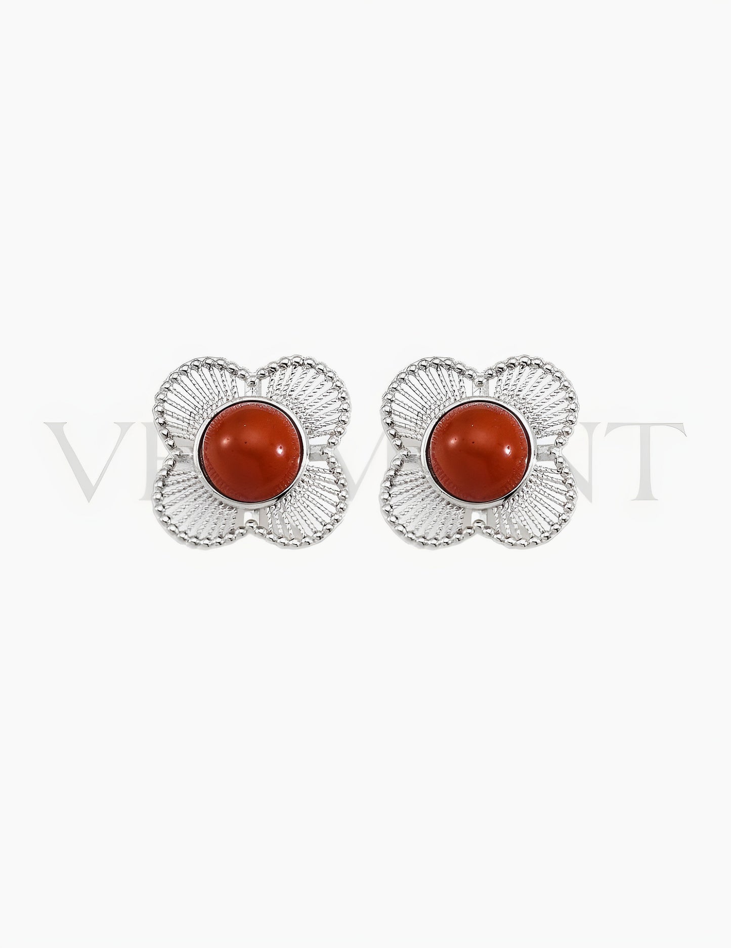 Boucles d’Oreilles Fleur d’Agate Rouge Argentée