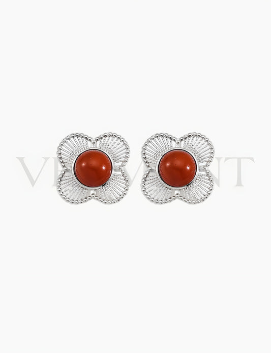 Boucles d’Oreilles Fleur d’Agate Rouge Argentée