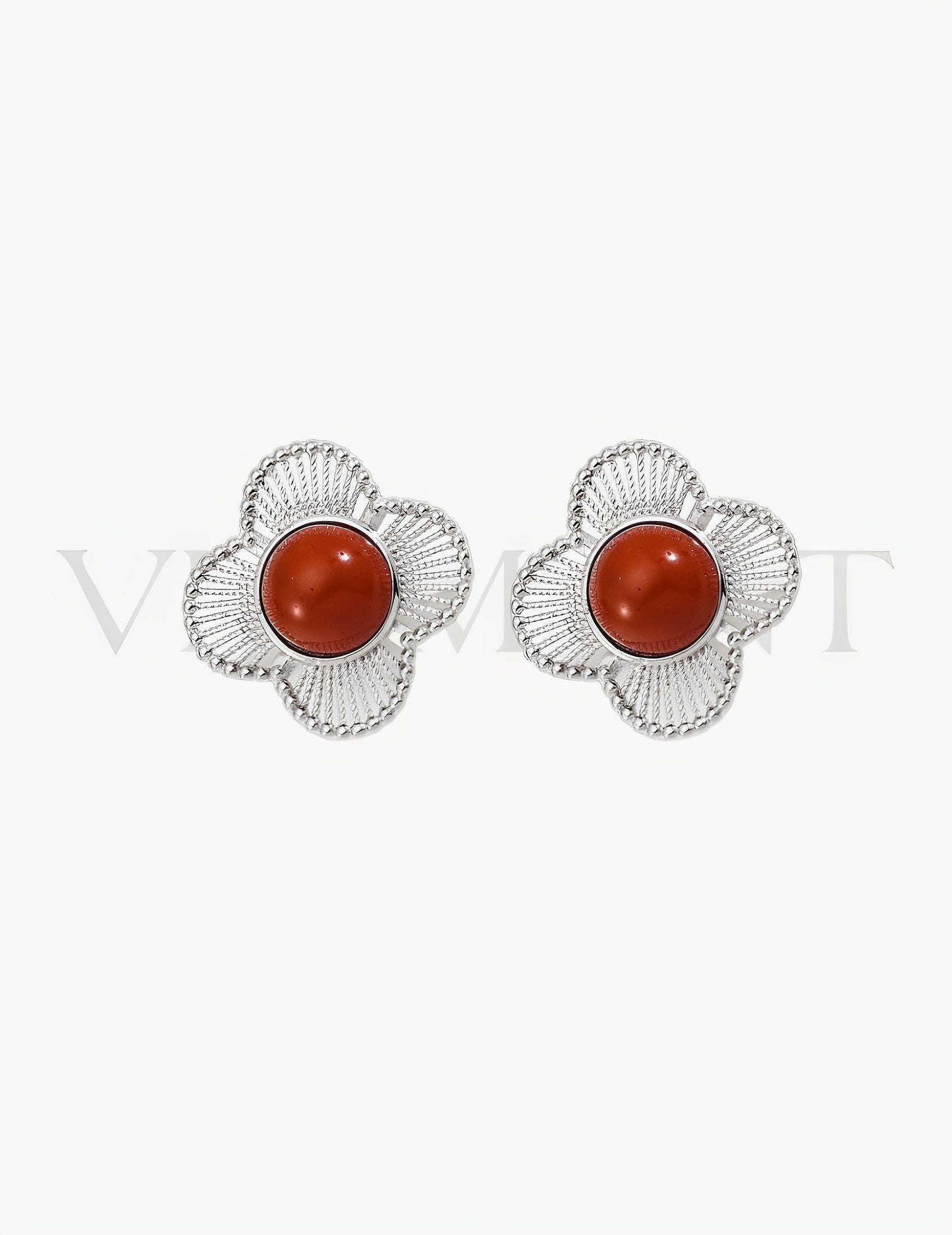 Boucles d’Oreilles Fleur d’Agate Rouge Argentée